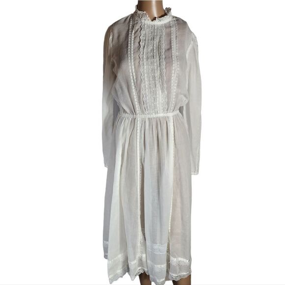 Gunne Sax White Lace 1970s White Prairie Wedding Lace Collar Satin Trim Dress - Picture 1 of 12